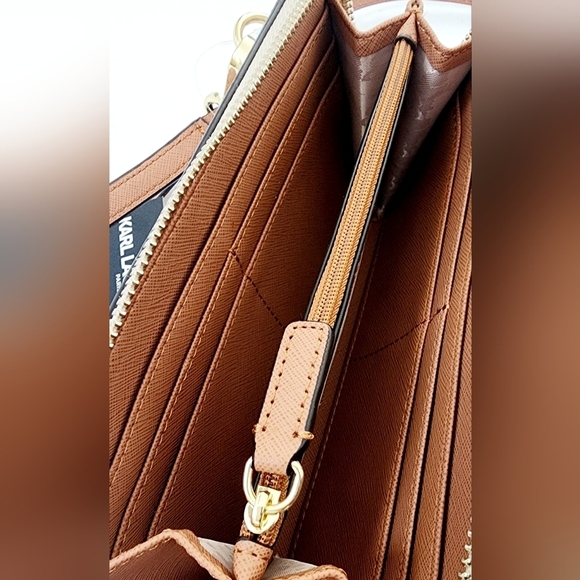 Karl Lagerfeld Monogram Brown Leather Wristlet Taupe Women's Crossbody - Picture 12 of 13